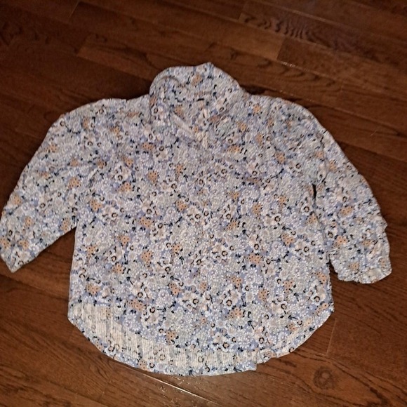 Free People Floral Button Down Blouse Blue Puff Sleeve Pleated Boho Top - Picture 5 of 12